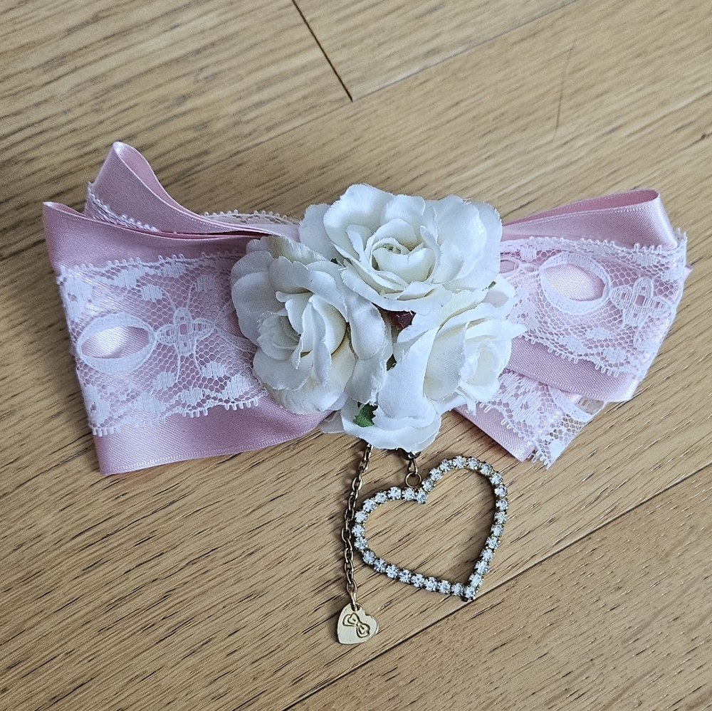Rare La Pafait Gyaru Pink Satin White Lace Rose Bow Barette Heart Charms - Picture 5 of 9